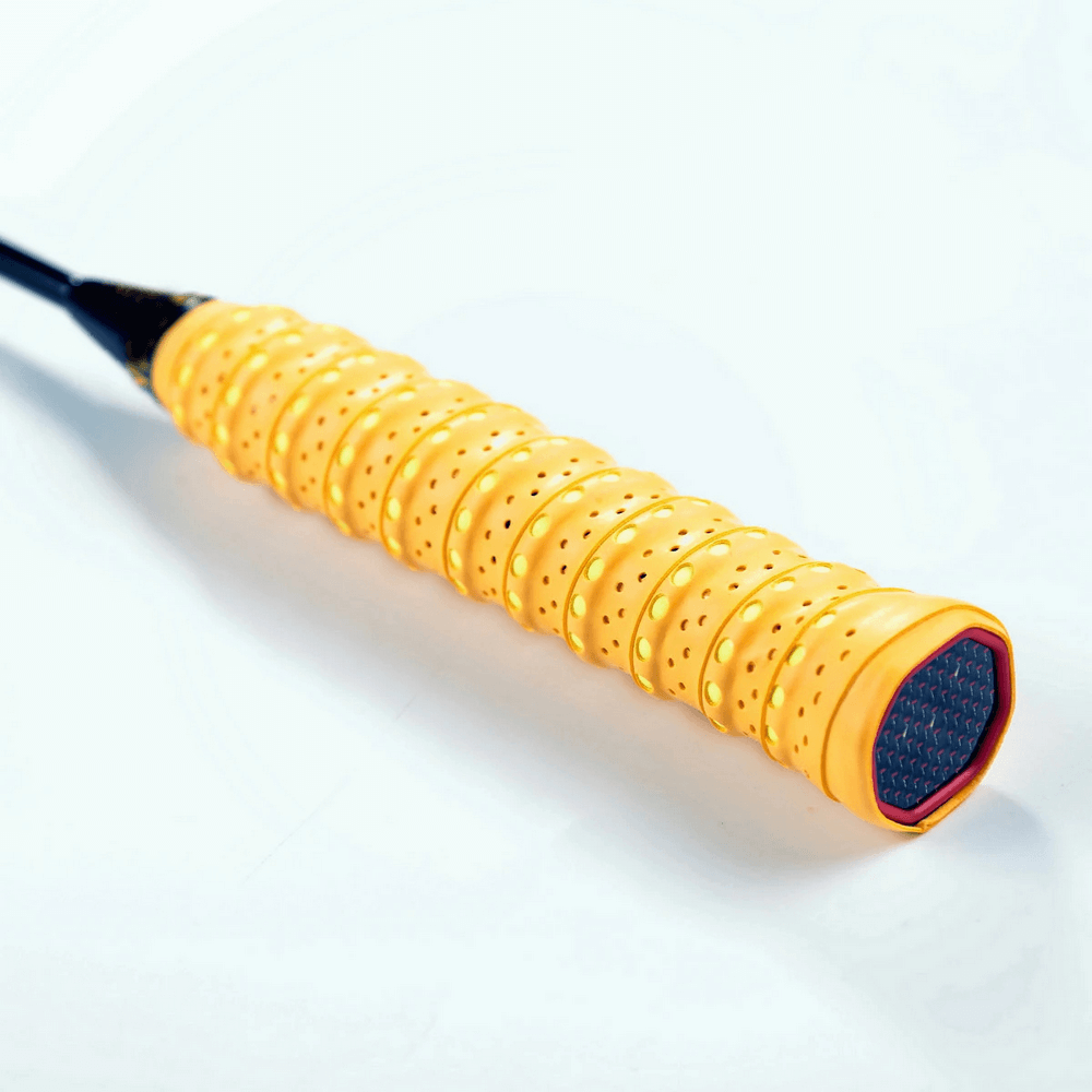 Yellow Perforated Anti-Slip Tennis Racket Overgrip Tape - SF3437 wrapped on racket handle
